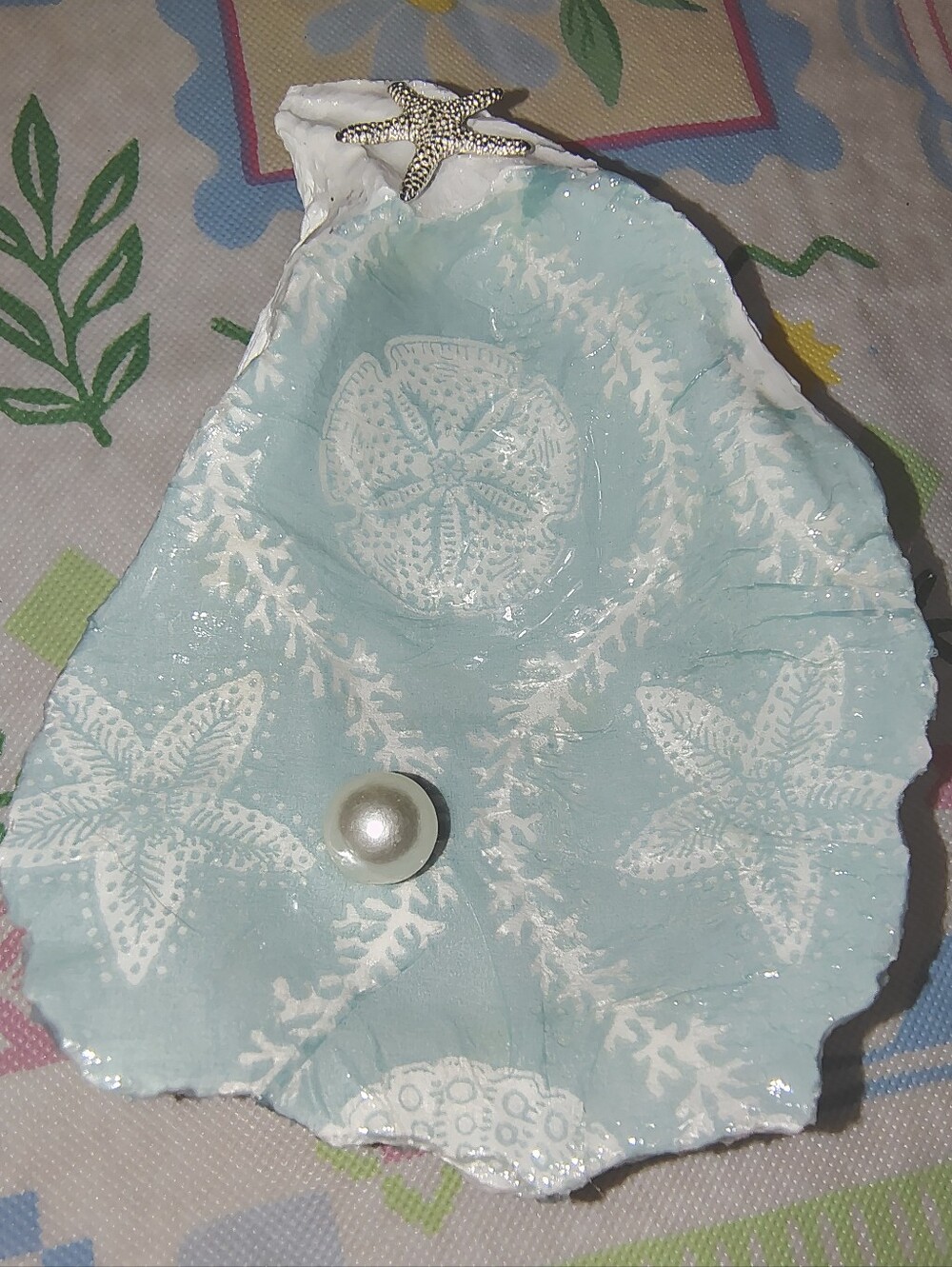 Oyster Shell Decoupaged Sand Dollar and Starfish Trinket Dish